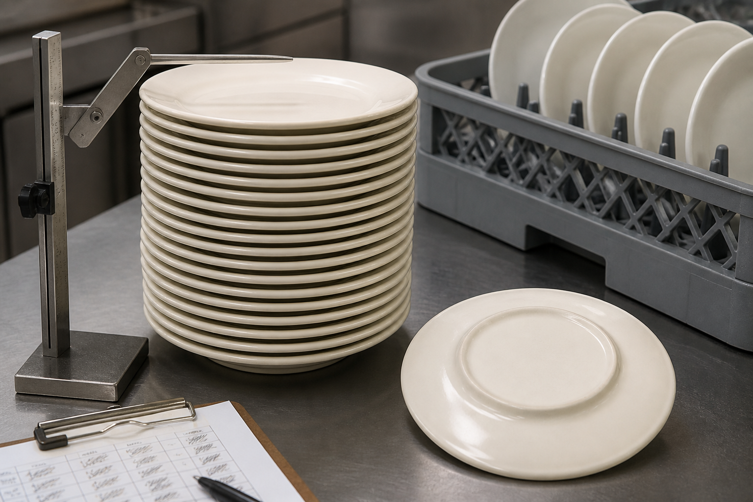 Stackability test of 20 hotel ceramic plates with height gauge, foot-ring contact check, rack, and inspection notes