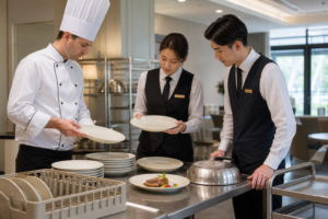 Hotel culinary and service teams testing custom ceramic dinnerware with plated food, tray, cover, and service trolley