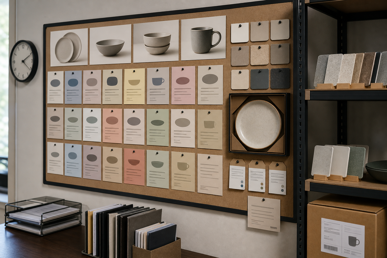 Hotel dinnerware replacement planning board with core SKUs, retained glaze samples, reorder records, and carton labels