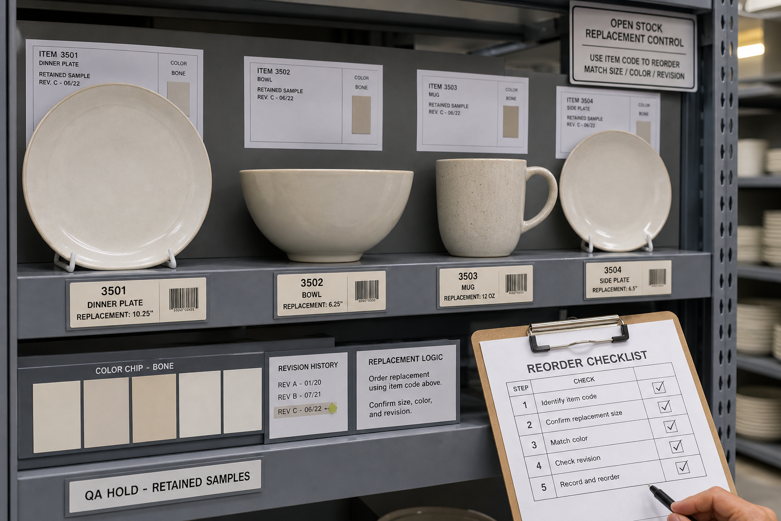 Open stock ceramic dinnerware replacement control shelf with item codes, color samples, and retained pieces
