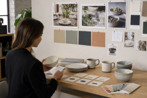 Buyer planning a focused private label dinnerware assortment with core plates, bowls, colors, and SKU cards