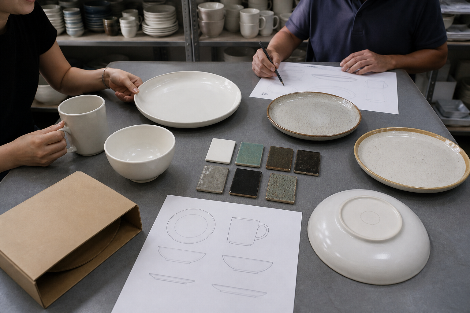 Buyer and ceramic supplier review private label dinnerware shapes, glaze tiles, rim finishes, and packaging options