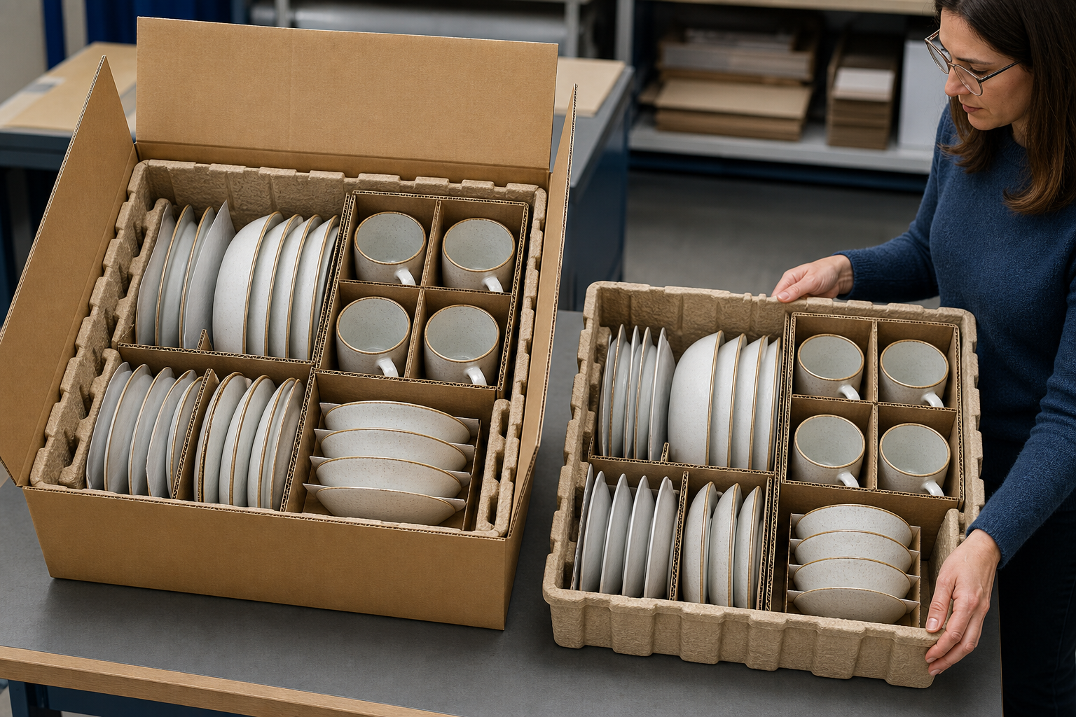 Packaging engineer reviewing a realistic layered carton layout for ceramic plates, bowls, side plates, and handled mugs