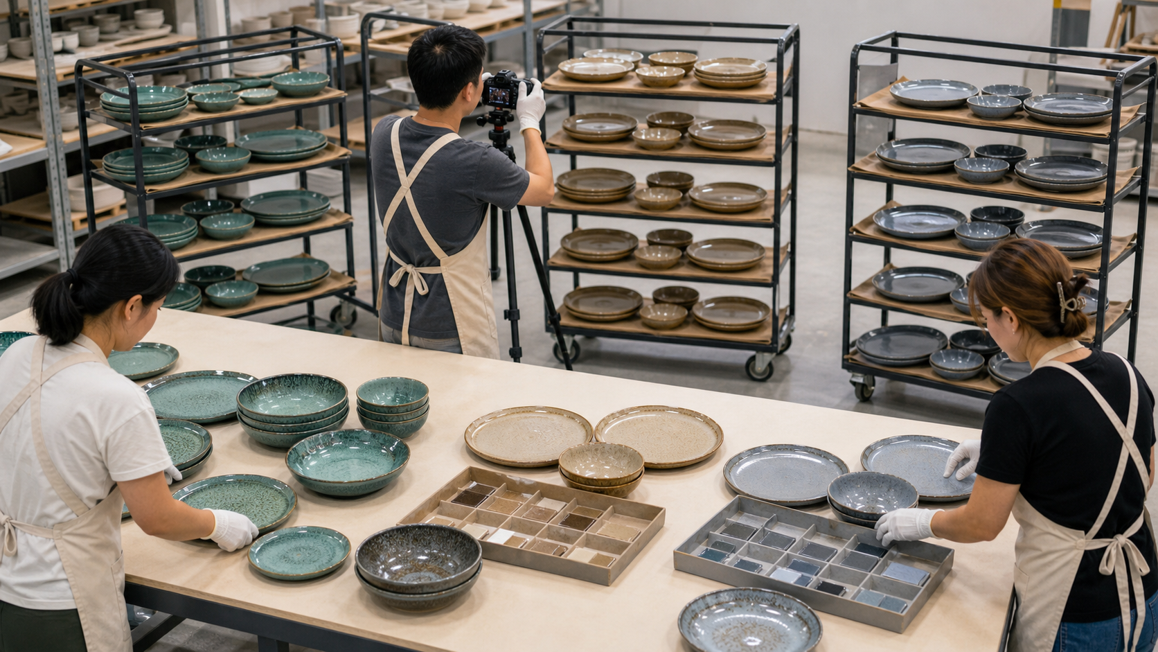 Factory team sorting reactive glaze plates and bowls by shade family before packing matched dinnerware sets