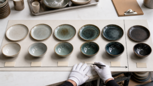 Reactive glaze dinnerware range board showing approved light to dark color variation for buyer QC review