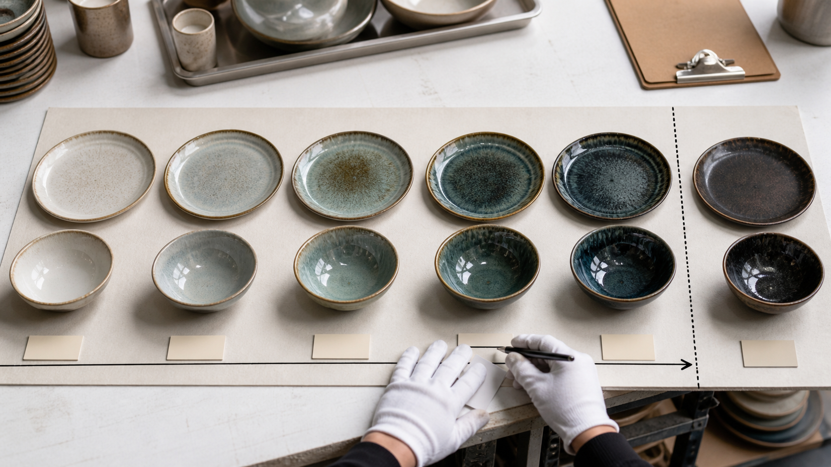 Reactive glaze dinnerware range board showing approved light to dark color variation for buyer QC review