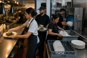 Restaurant ceramic plate moving through plating, table service, clearing, dishwashing, and stacking during a working shift