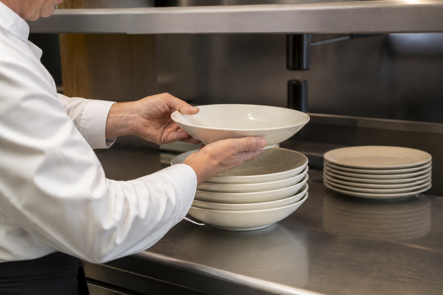 Restaurant service specialist checking safe finger access and smooth lift-off from a stack of ceramic bowls and plates