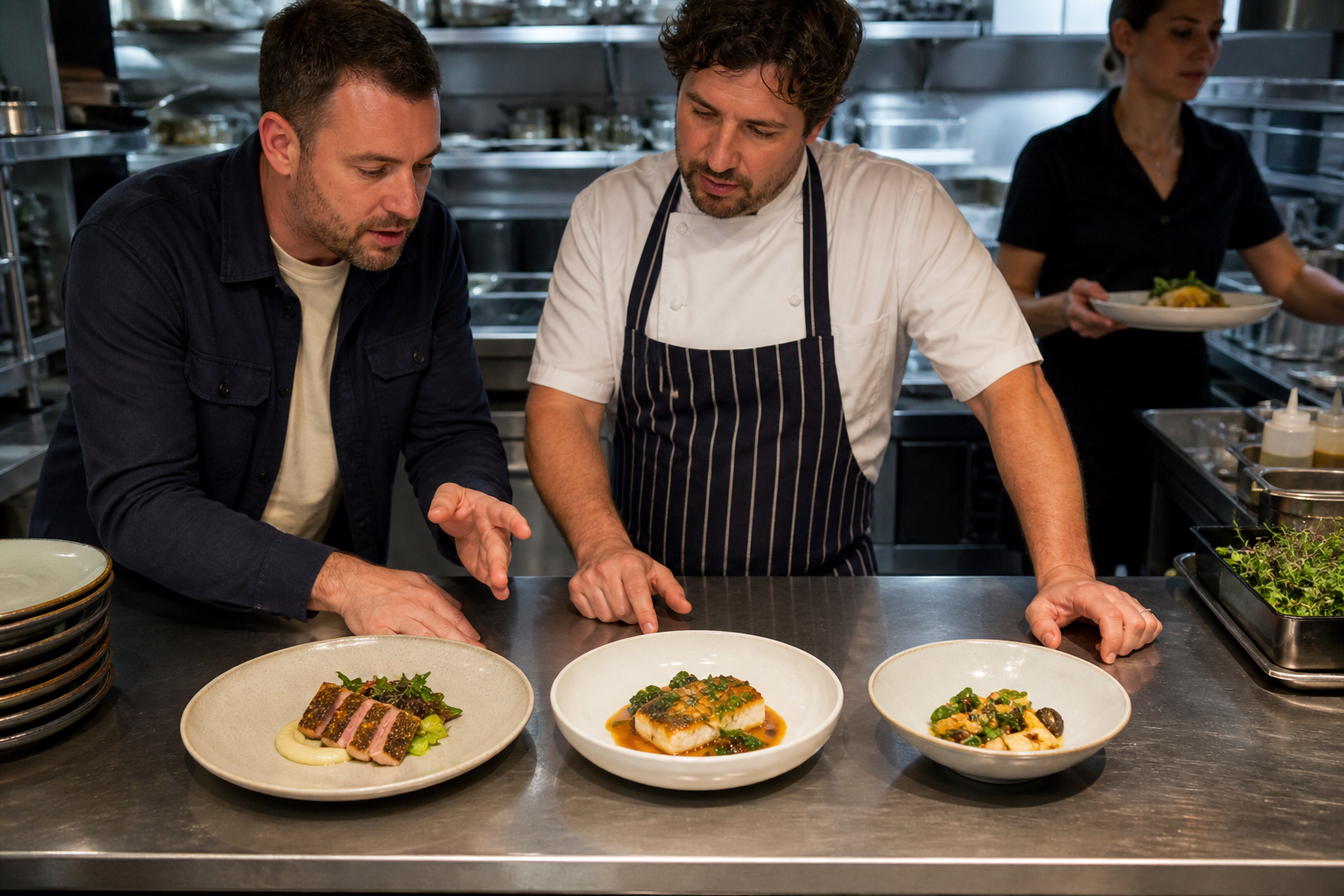 Chef and restaurant buyer comparing ceramic plate shapes with real menu portions at a busy kitchen pass
