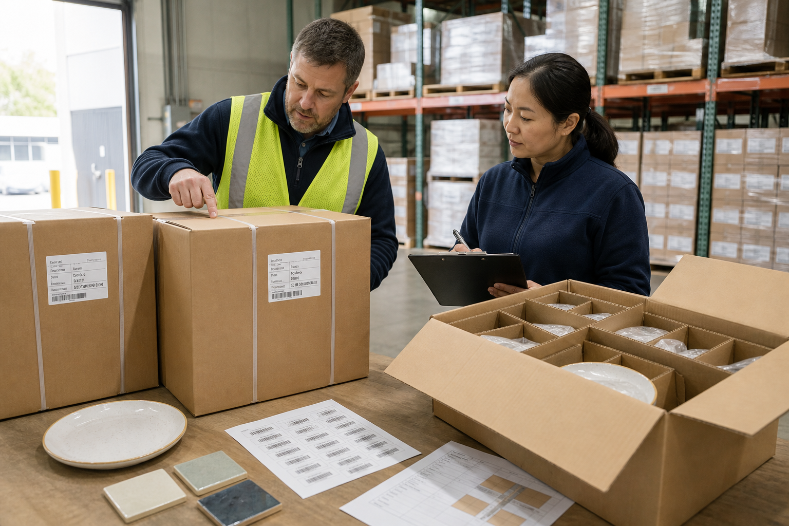 Warehouse team comparing ceramic dinnerware master cartons, retained glaze samples, SKU labels, and reorder records