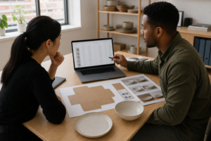 Retail buyer reviewing ceramic dinnerware SKU data, packaging artwork, barcode proof, compliance file, and product images
