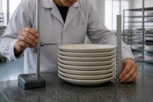 Ceramic technician measuring the height and vertical lean of a tall stack of production-representative dinner plates