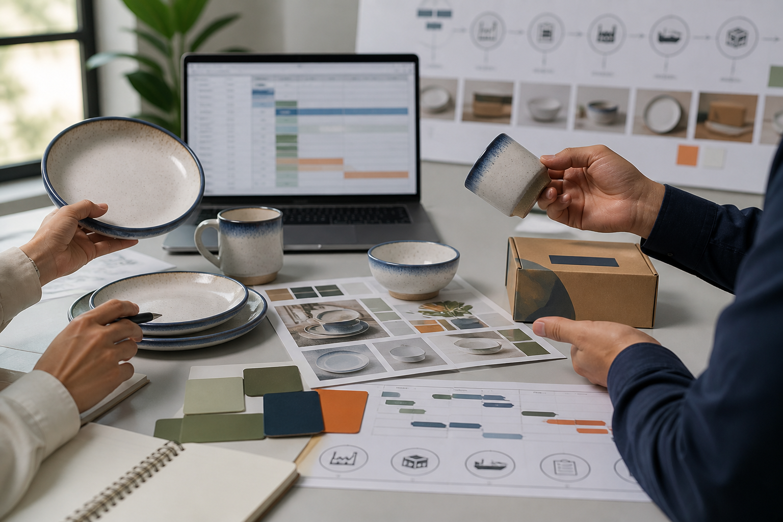 Buyer and supplier reviewing ceramic dinnerware samples, packaging, color chips, and production timeline