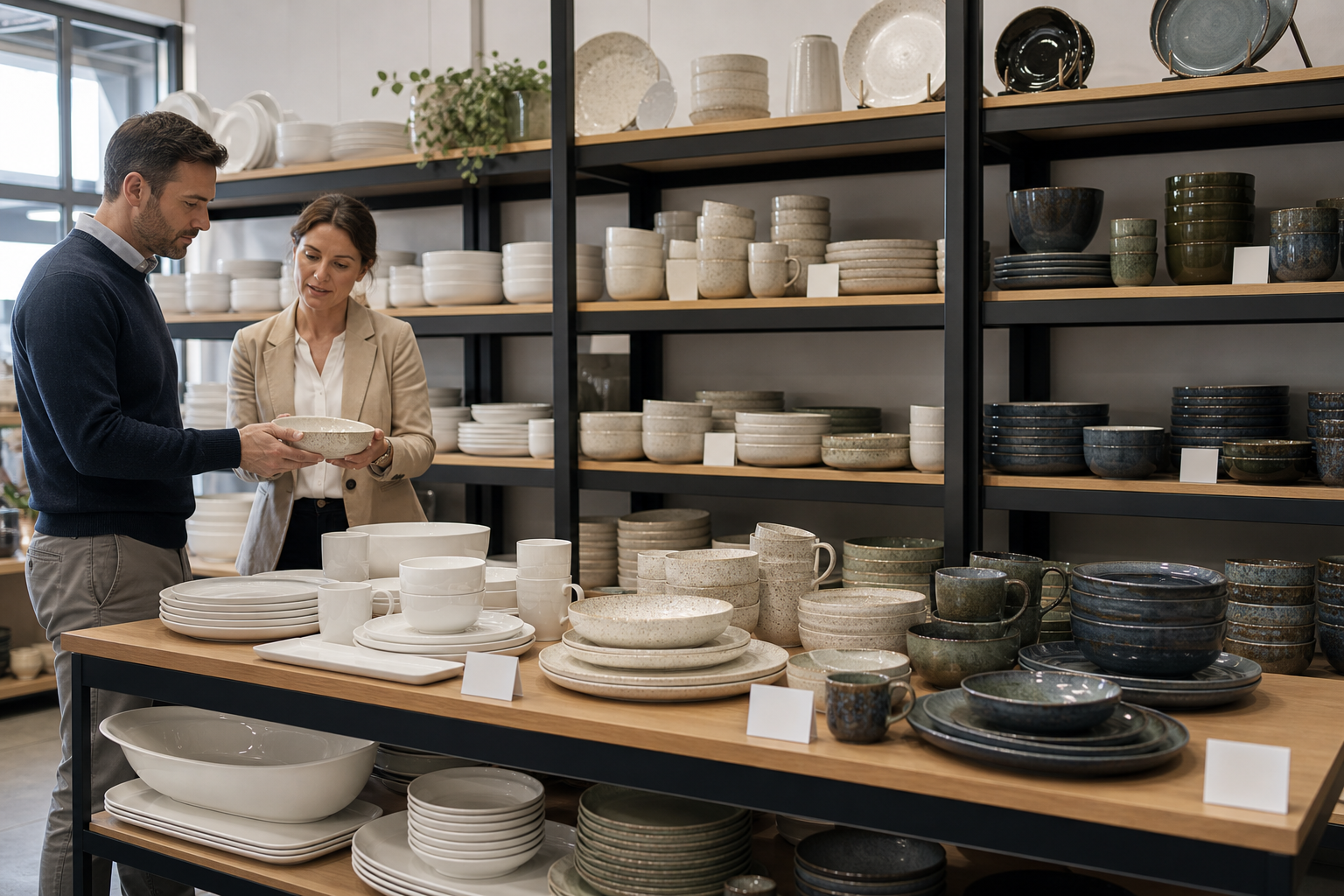 Distributor comparing coordinated ceramic dinnerware collections across everyday, mid-tier, and premium wholesale price levels