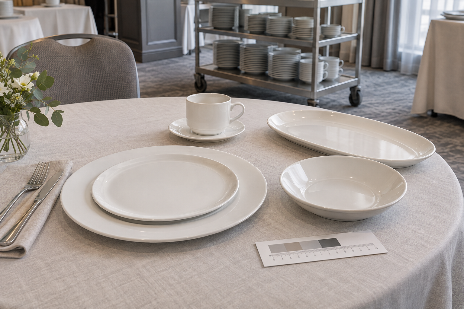 White ceramic plate, bowl, cup and oval platter arranged on a banquet table beside a service trolley for range-fit review.