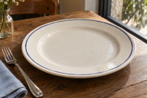 Cream ceramic dinner plate with a broad curved rim and hand-painted blue line shown in a simple restaurant place setting