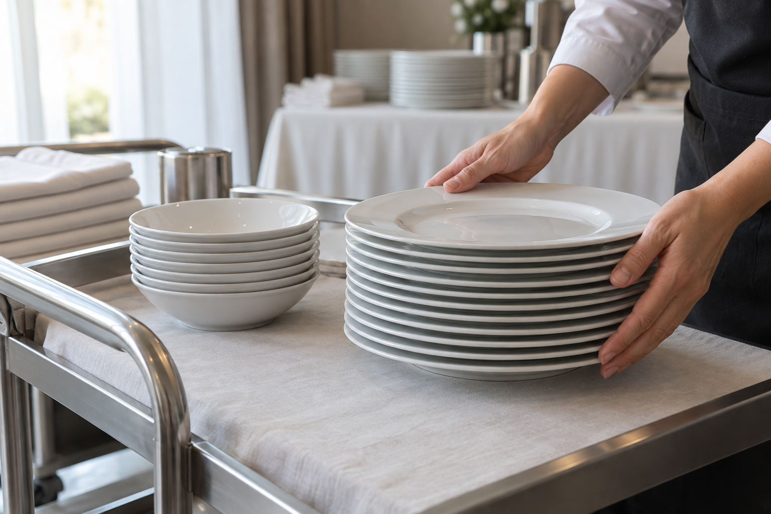 Hotel banquet worker checks a stable stack of white ceramic dinner plates and shallow bowls on a service trolley.