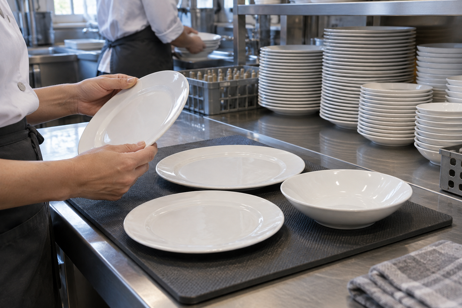 Catering staff checks the rim of a white ceramic plate beside grouped spare plates and bowls on a back-of-house counter.