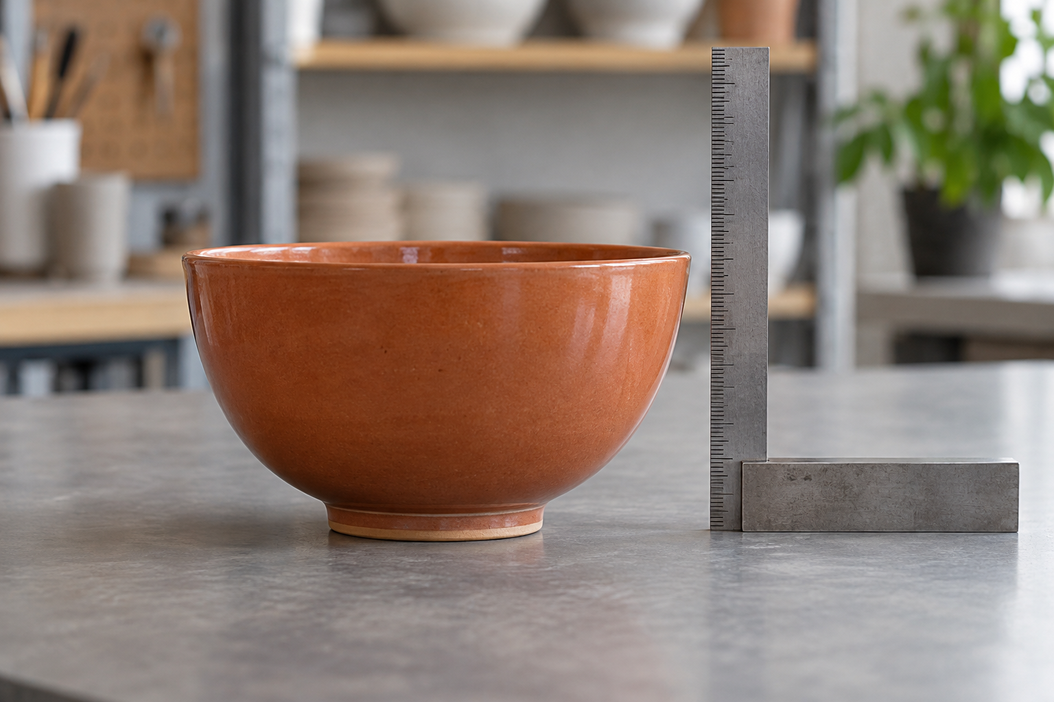 Side view of a terracotta glazed bowl on a flat surface beside a vertical ruler showing the overall height reference