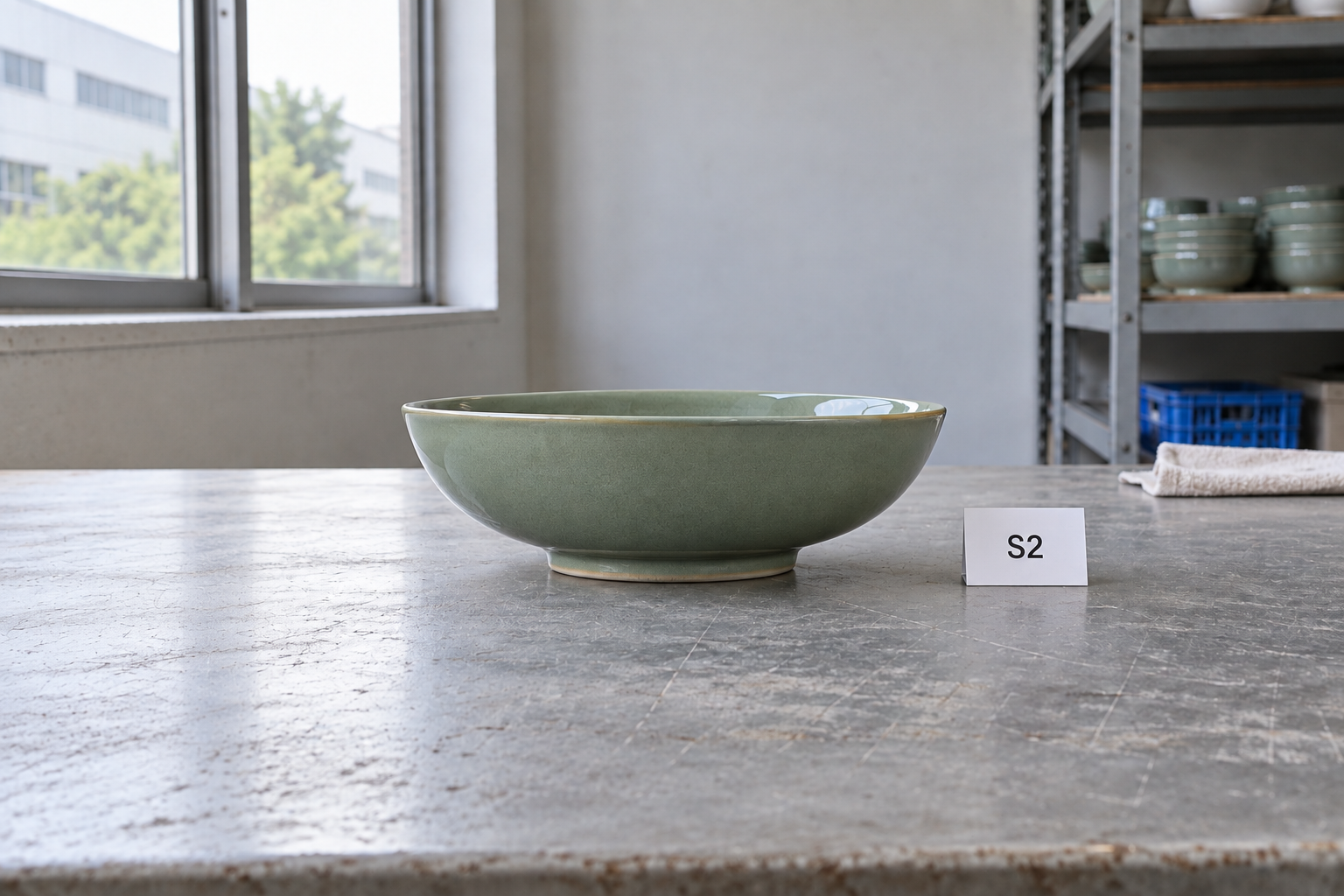 Side view of a shallow green ceramic bowl beside a sample card marked S2, showing its rim, curved wall and foot ring