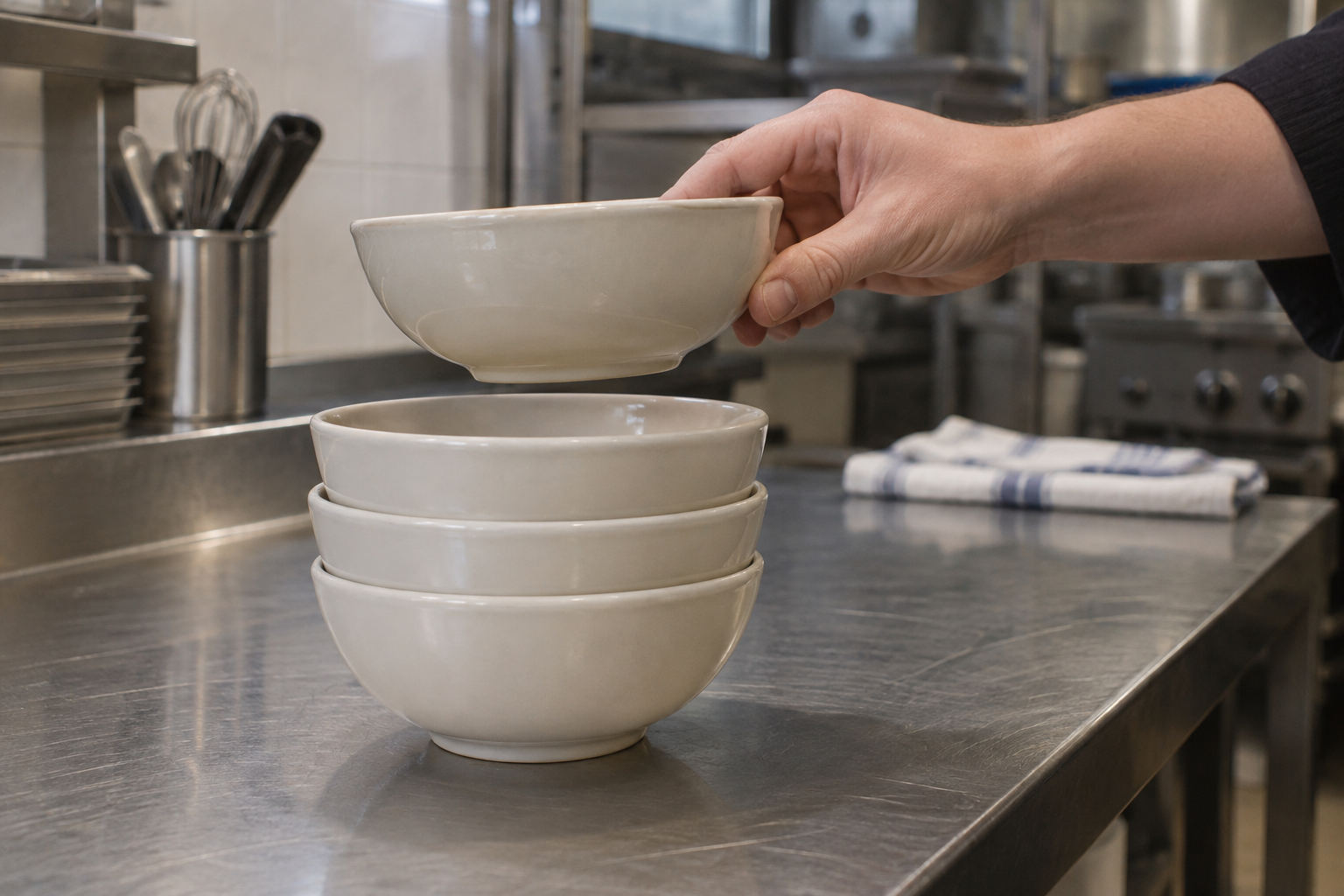 A worker lifts a cream ceramic bowl from a short stack on a stainless counter to check clearance and handling
