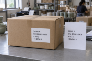 Compact dinnerware carton with a sample SKU and pack-quantity label beside its matching printed artwork proof