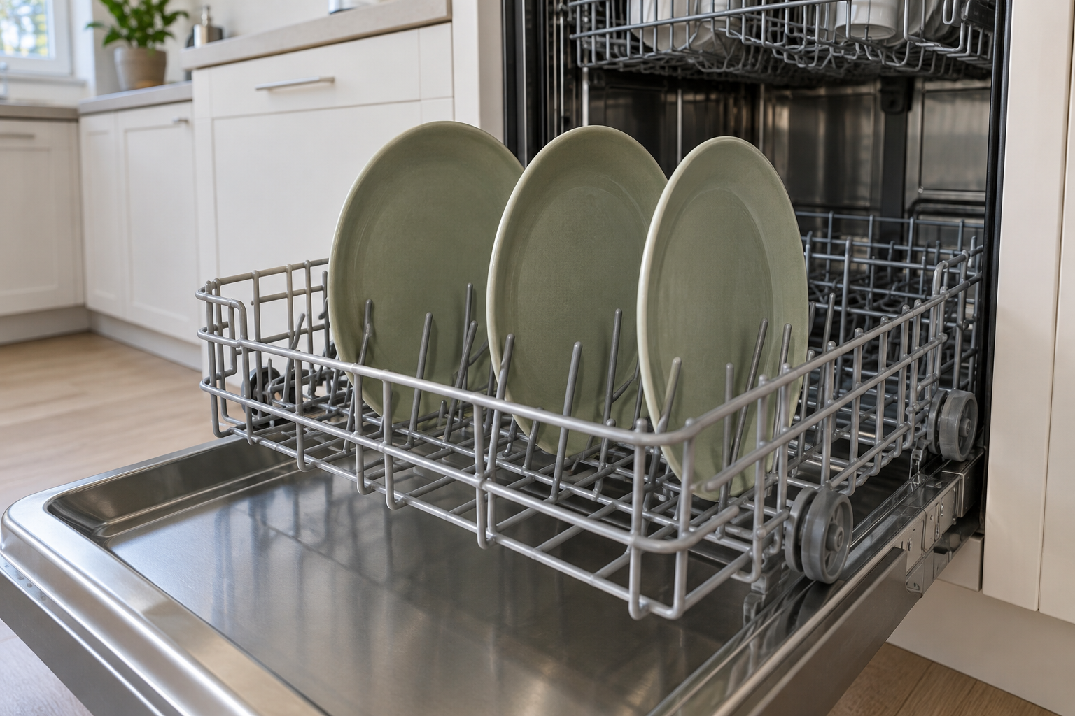 Sage ceramic plates spaced apart in a pulled-out dishwasher rack, showing rim clearance during a practical fit review