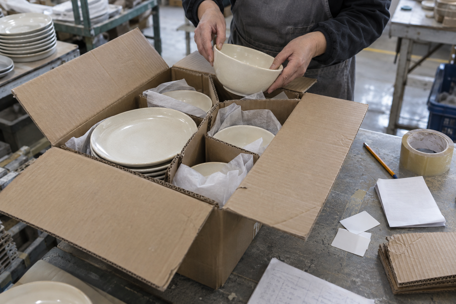 Factory worker checks a cream ceramic bowl in a trial carton with practical dividers, tissue, labels, and packing notes