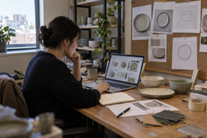 Buyer reviews ceramic RFQ details with varied samples, loose notes, and working references in a lived-in sourcing office