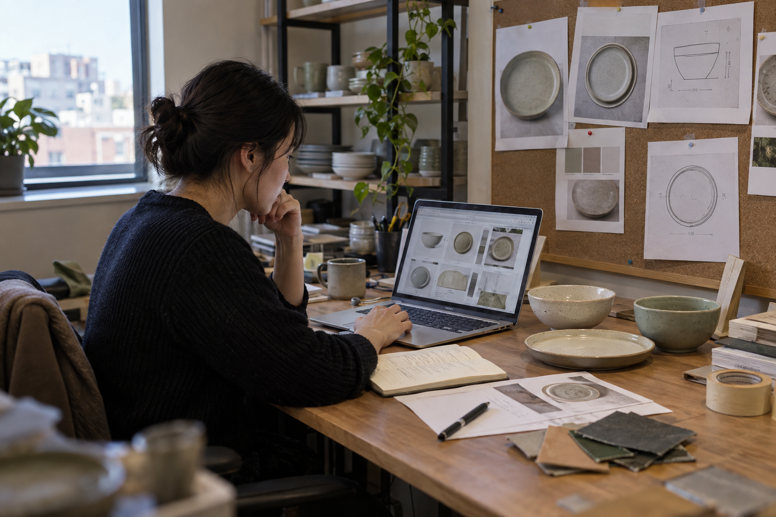 Buyer reviews ceramic RFQ details with varied samples, loose notes, and working references in a lived-in sourcing office