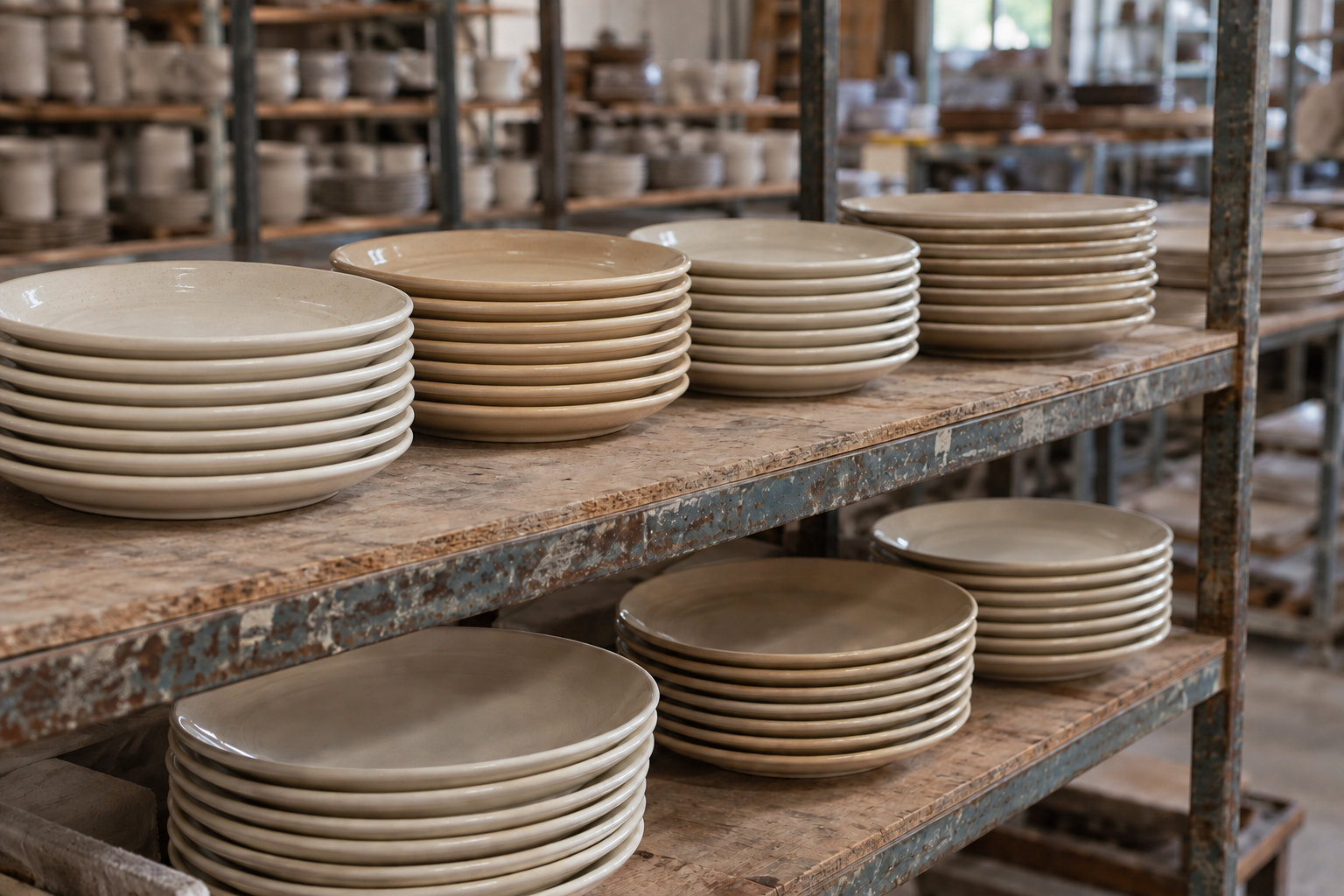 Cream and beige ceramic plates stacked flat on two factory shelves show subtle glaze shade differences after firing