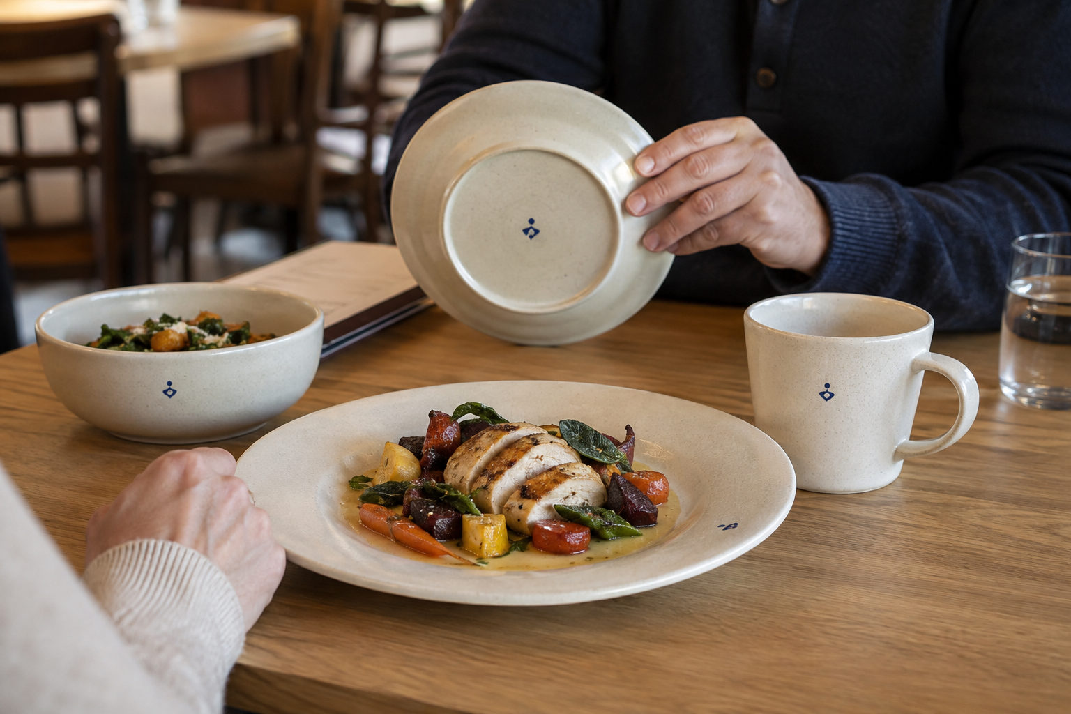 Restaurant place setting showing subtle rim, bowl exterior, mug side, and backstamp logo placement zones in real use