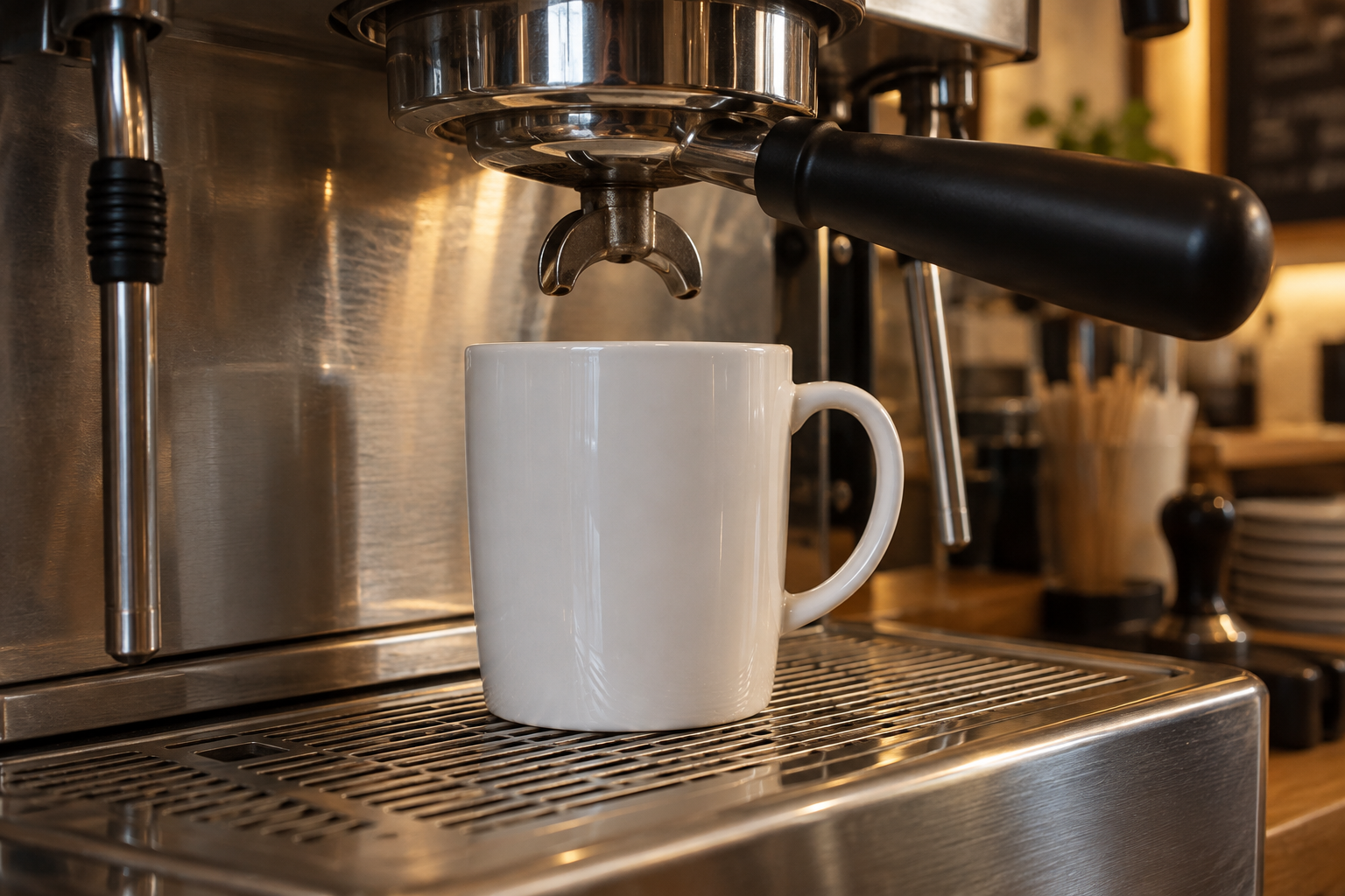 White ceramic mug resting under an espresso machine group head with visible clearance above its rim and handle