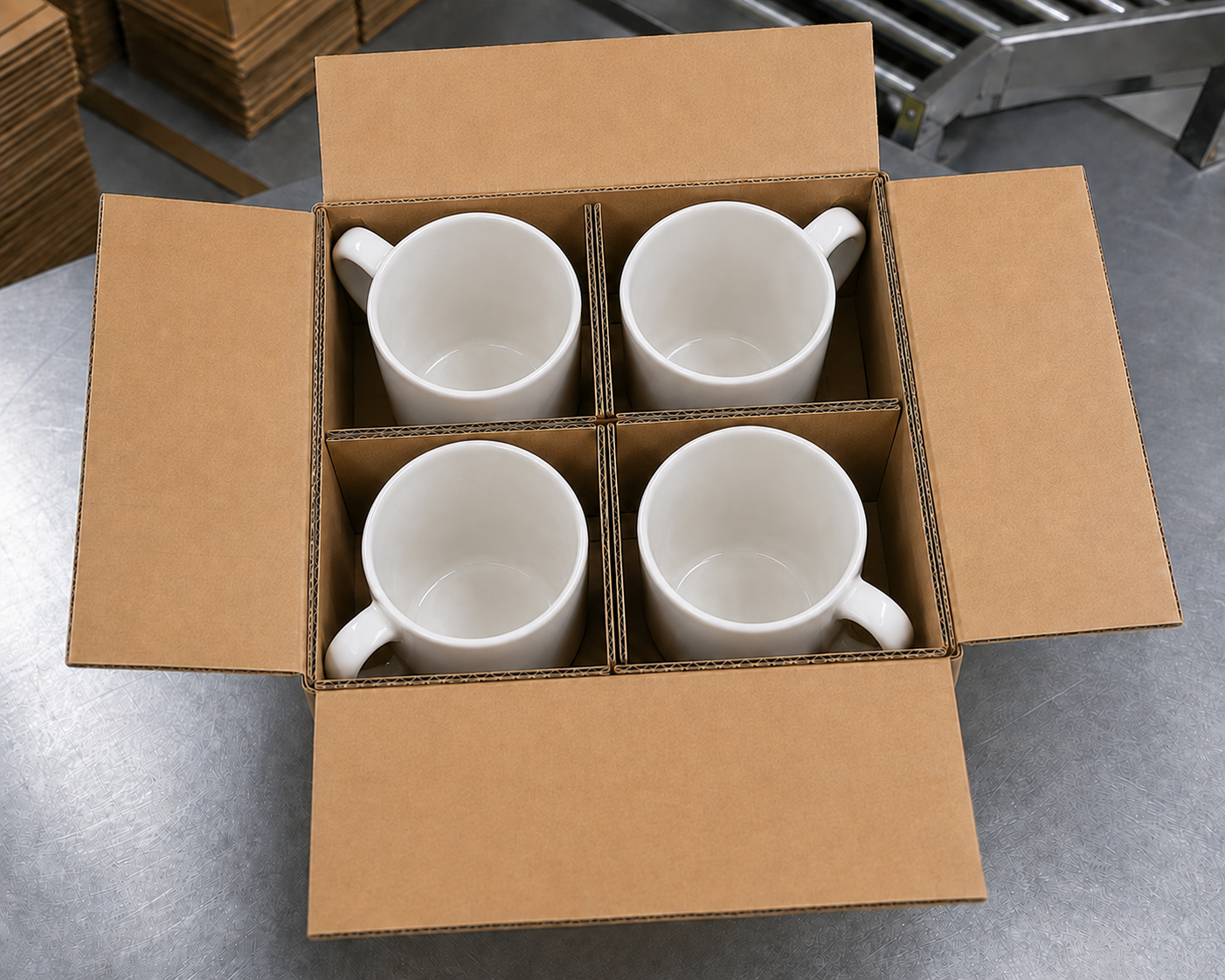 Four ceramic mugs packed diagonally in a tight carton using only one central cross-divider with no extra cards beside the handles