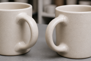 Close-up comparison of ceramic mug handle attachment joints showing smooth transitions and a visible stress crack for buyer review