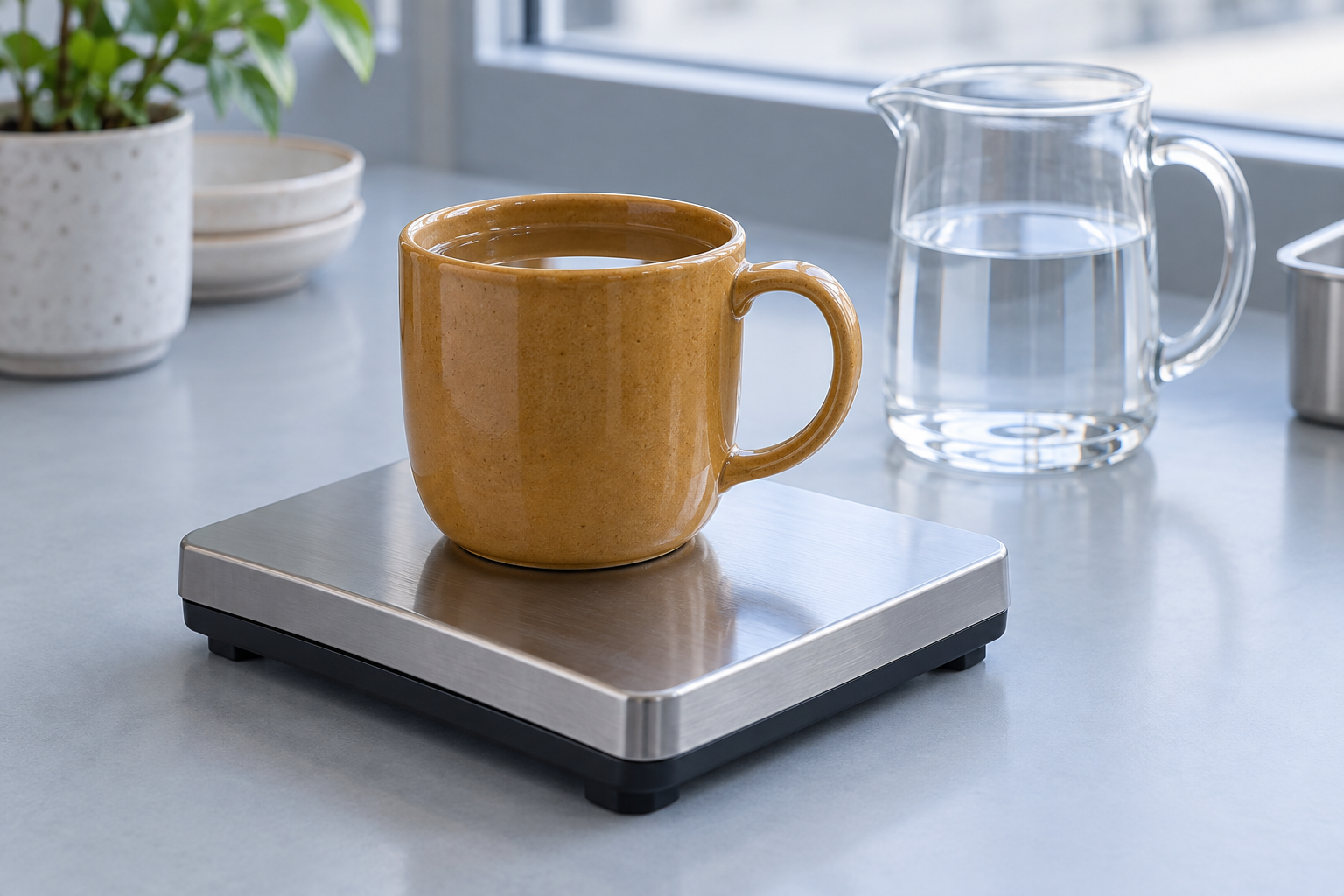 Ochre ceramic mug containing water on a compact scale beside a clear water jug in a simple quality-control corner