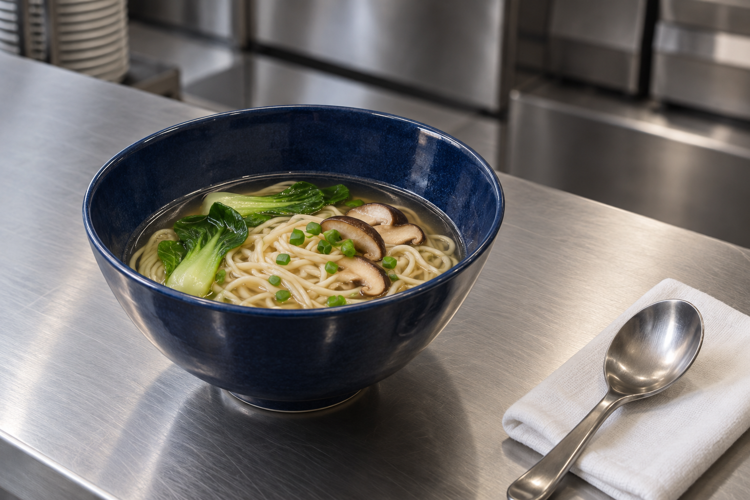 Deep blue ceramic bowl holding noodles, broth and vegetables with visible room below the rim on a service counter