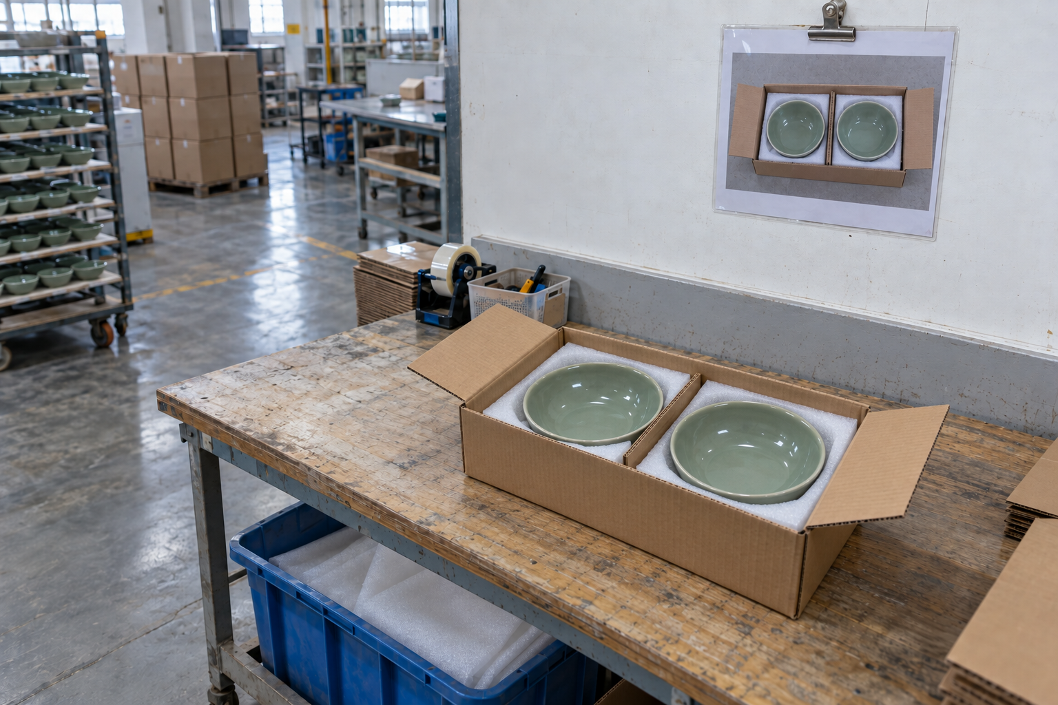 Two green ceramic bowls fit snugly into shaped foam inserts in a compact carton beneath a matching packing photo