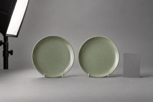 Two sage ceramic plates beside a neutral gray reference card under one diffused studio light for color comparison