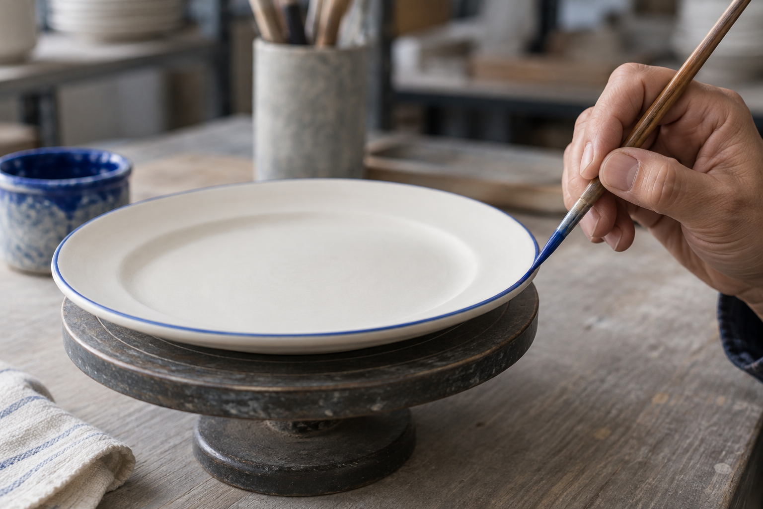 Close view of a fine brush adding a blue line to the rim of a cream ceramic plate on a small decoration turntable