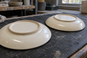 Two cream ceramic plates resting underside up on a worn inspection mat, showing different foot-ring surface finishes
