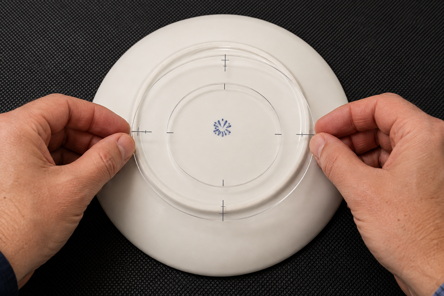 Product developer positioning a transparent logo template using the centerline and foot ring of a ceramic plate