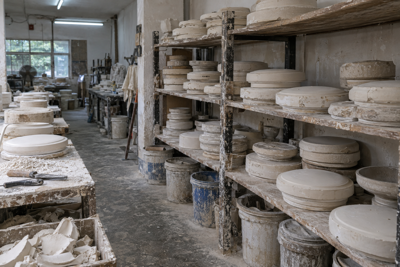 Low plaster plate molds sit in short horizontal stacks on worn workshop shelves beside stained mixing buckets