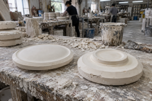Two low plaster plate molds show their working face and stepped base on a bench covered with plaster residue