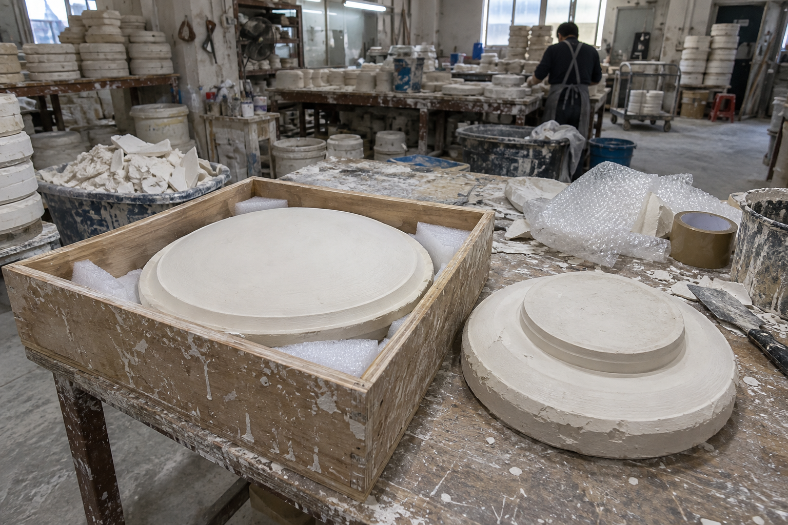 A low plaster plate mold sits in a cushioned wooden crate beside a second mold on a plaster-stained workbench