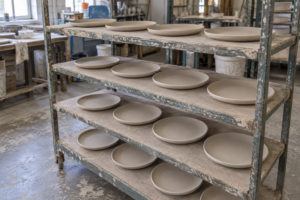 Unfired ceramic plates rest separately on drying shelves in a working factory before the next production stage