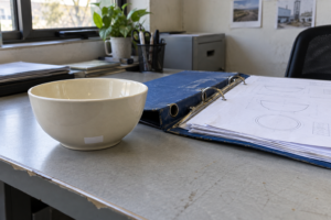 Cream ceramic bowl with a small reference tag beside a worn order folder holding specification sheets