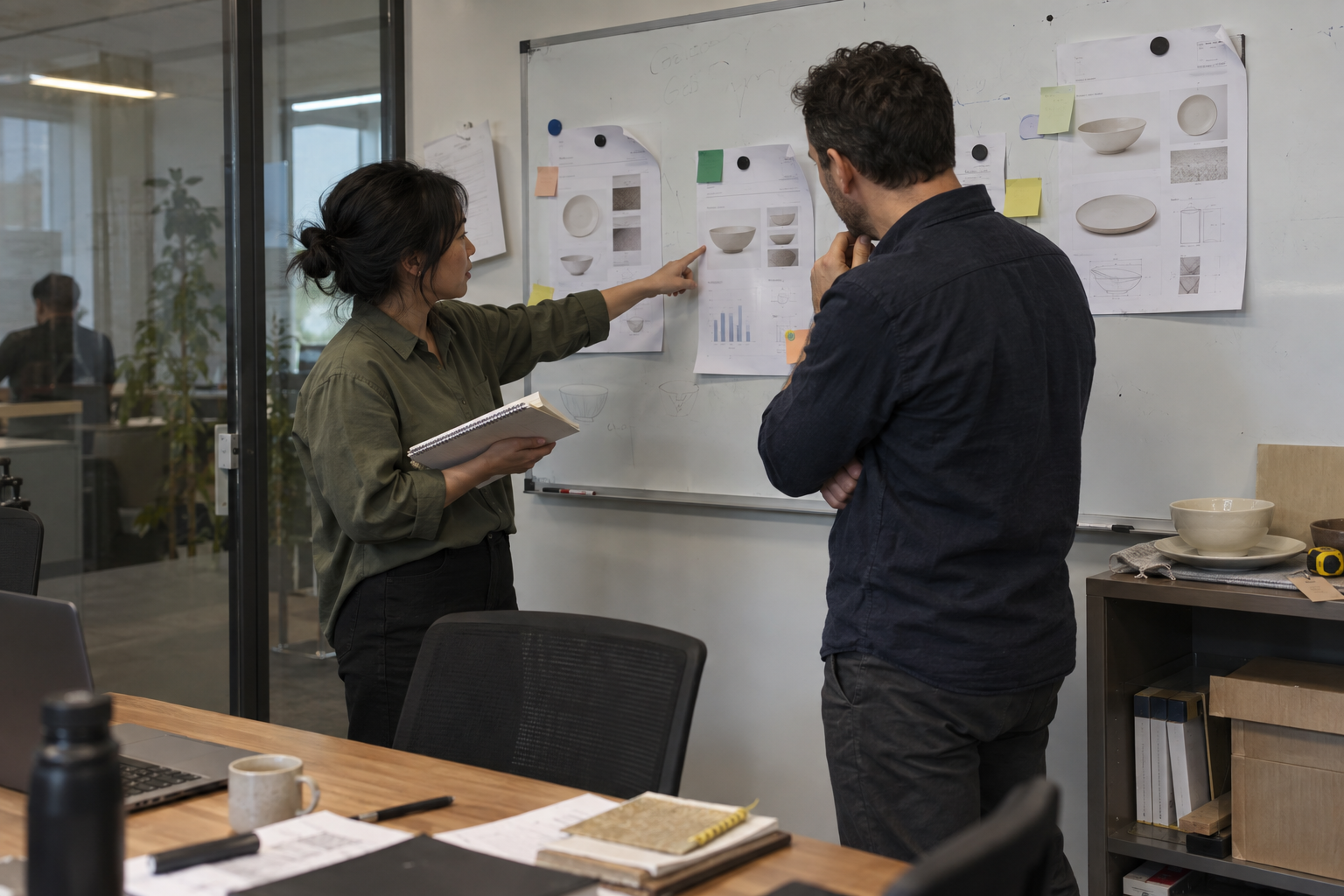 Two buyers compare uneven supplier quote sheets and ceramic specifications on a used office whiteboard