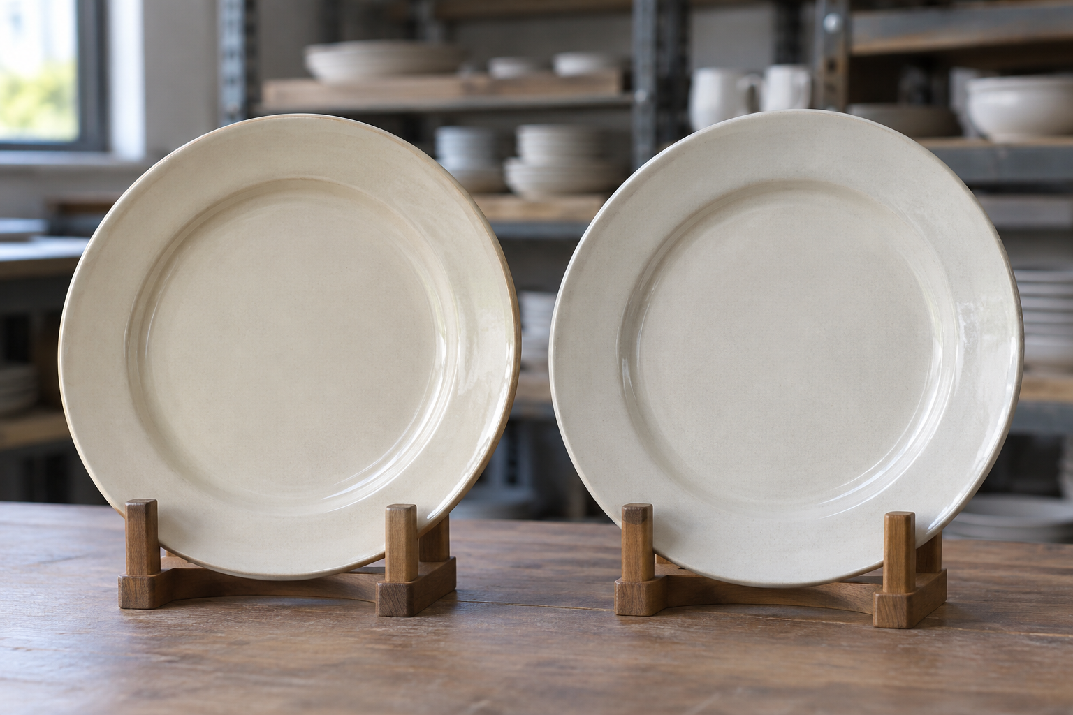 Two cream ceramic dinner plates from separate batches standing beside each other for a glaze and rim profile comparison