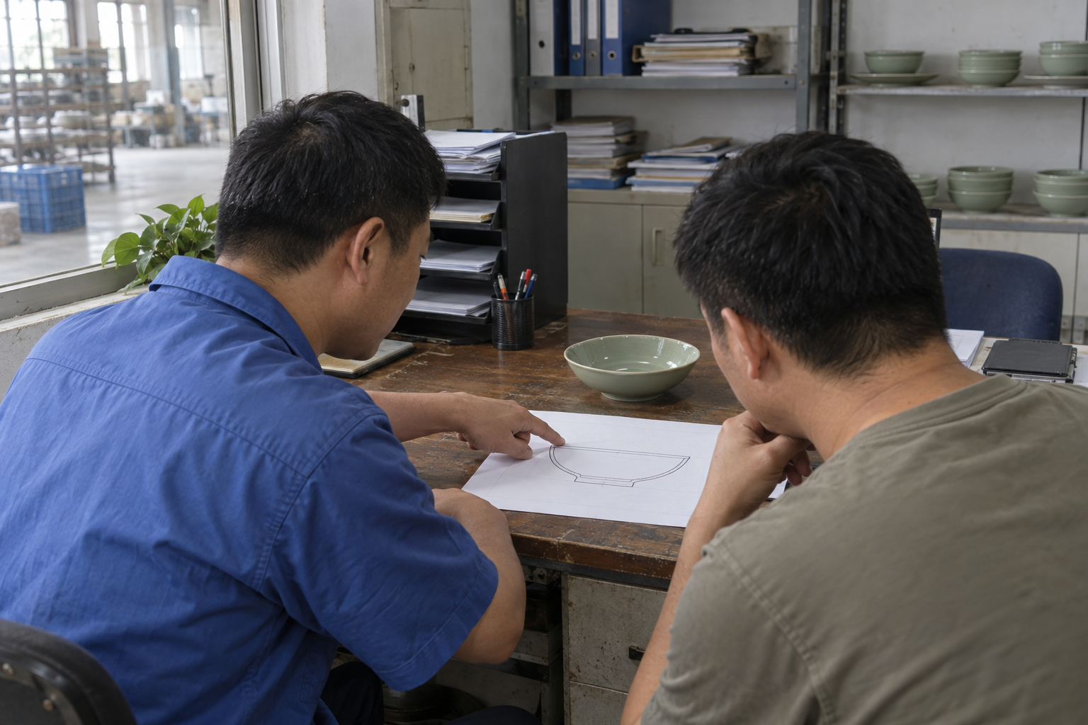 Two ceramic factory colleagues review a bowl profile drawing beside the green sample during a project handoff